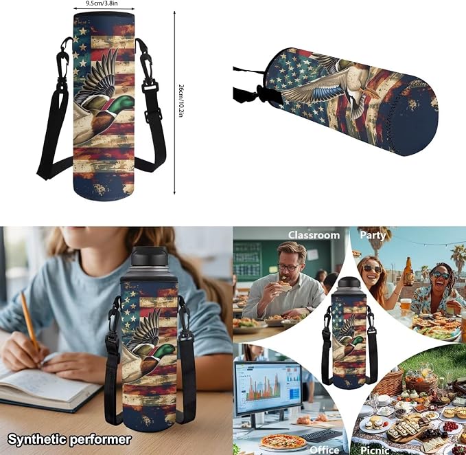 Duck Hunting Camo School Backpack for Boys Girls, American Flag Bookbag Set with Lunch Bag, Pencil Case & Bottle Holder, 4PCS 17 Inch Elementary Backpack for Kids Ages 6-8