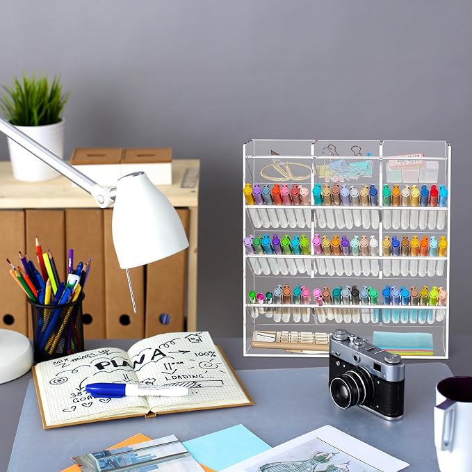 MotiMind Acrylic Pen Organizer Storage for 150 Markers Vertical Marker Organizer Acrylic Pen Display Holder for Office Desk Desktop Stationery Pencil Storage, Clear, 10.2 x 4 x 9.8 Inch