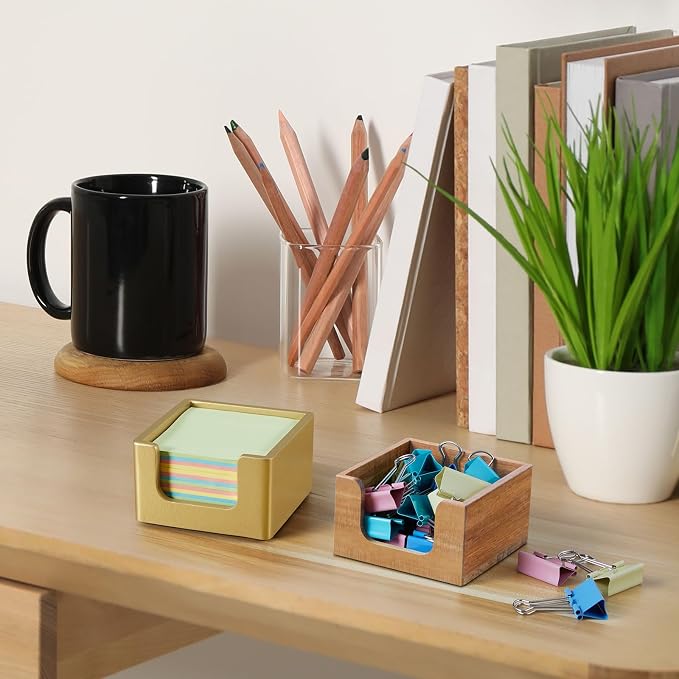 Wood Sticky Note Holder, 3 x 3 Inch Post It Note Dispenser for Office Desk Accessories, Self Stick Note Pad Holder, Memo Pad Holder Dispenser Organizer for School Office Desk Supplies, Gold
