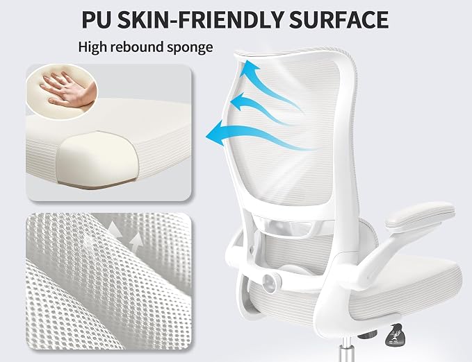 TRALT Ergonomic Office Chair- Desk Chair with Adjustable Lumbar Support | Big and Tall Back Ergonomic Desk Chair - Home Office Mesh Chairs and PU Leather Seat for Home Reading to Adults(White)