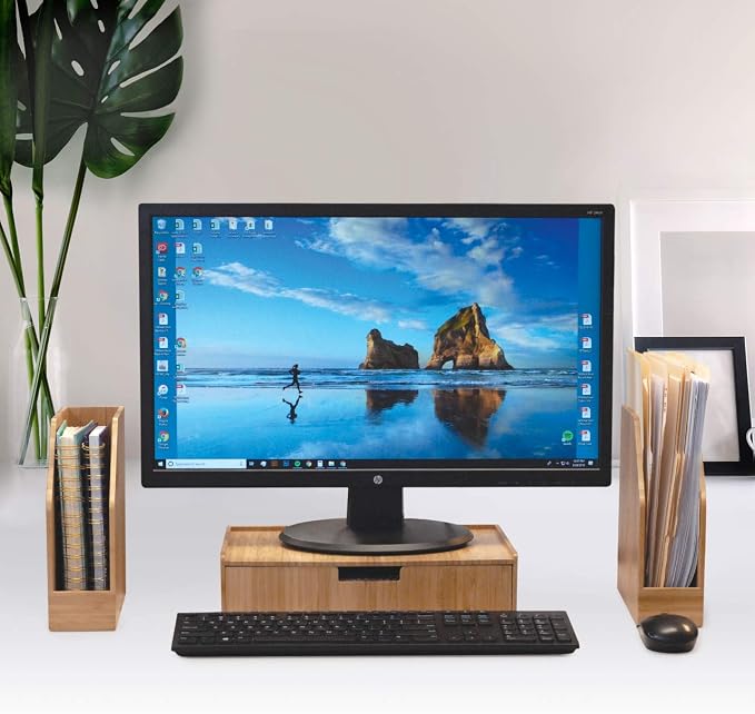 MobileVision Bamboo Drawer Large, Monitor Stand & Stackable Storage Solution for office products pens, pencils, scissors, notepads, business cards and more