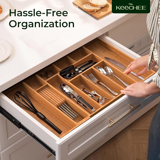 keechee Carbonized Large Bamboo Kitchen Drawer Organizer, 12 Slots Expandable Silverware Organizer, Utensil Holder & Cutlery Tray, 2.5" Deep for Extra Capacity, Non-Slip Feet Included