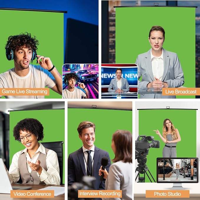 FUDESY 61 x 77.5in Collapsible Green Screen, Portable Retractable Chroma Key Backdrop, Wrinkle-Resistant Fabric Pop Up Photo Background with Stand for Streaming, Video Conference, Photographic Studio