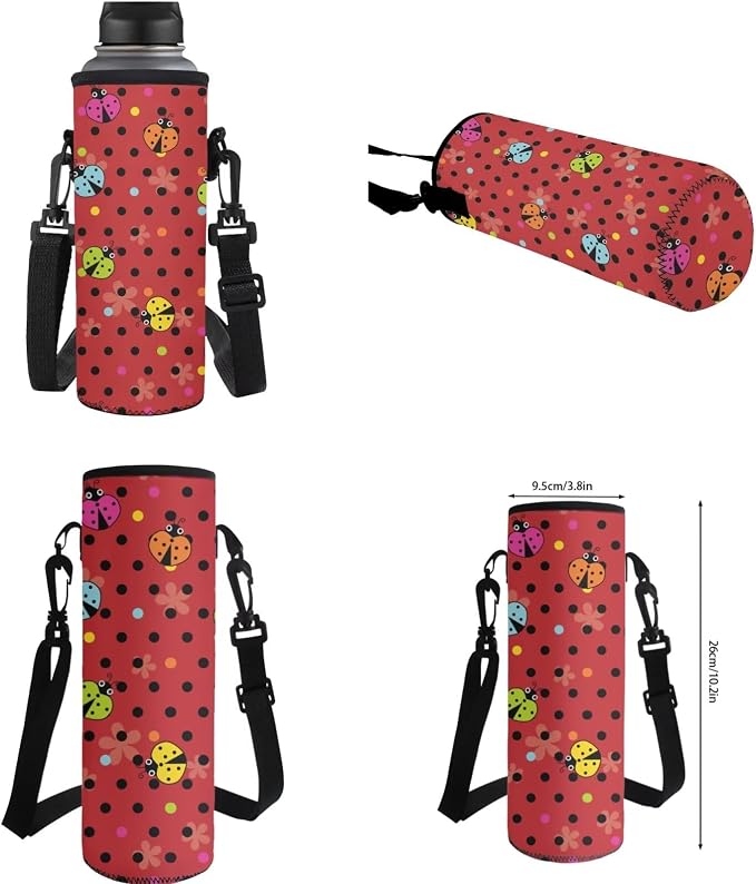 WELLFLYHOM 4 PCS Colorful Polka Dot Ladybug Backpack for Girls Ages 8-12 | 4-Piece Primary School Set With Lunch Box, Pencil Case and Water Bottle Sleeve for Young Girls, Kids Back to School Supplies