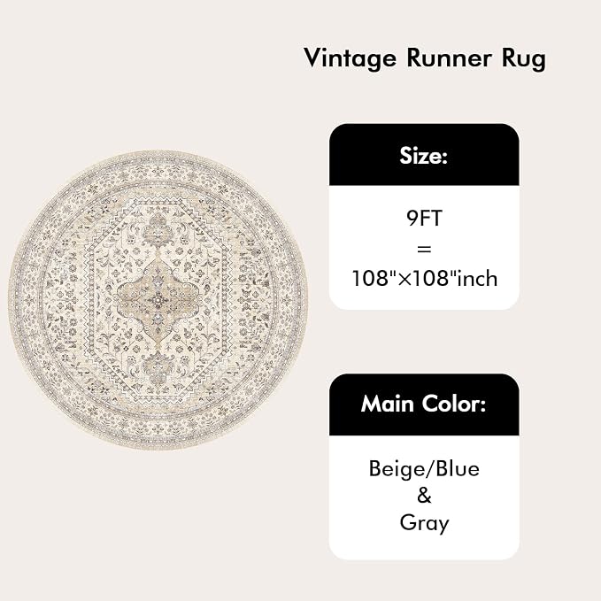 Puino 9FT Round Area Rugs for Living Room: Circle Rugs Machine Washable Oriental Low Pile Soft Non Slip Backing Vintage Indoor Rug for Bedroom Nursery Dining Room Home Office Beige/Gray