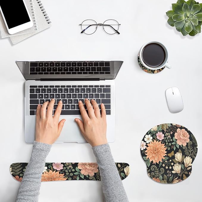 Britimes Spring Flower Leaves Floral Colorful Ergonomic Mouse Pad Set with Wrist Rest Non-Slip Rubber Base Wrist Cushion Support and Coasters Mousepad with Wrist Support for Computer Keyboard and Desk