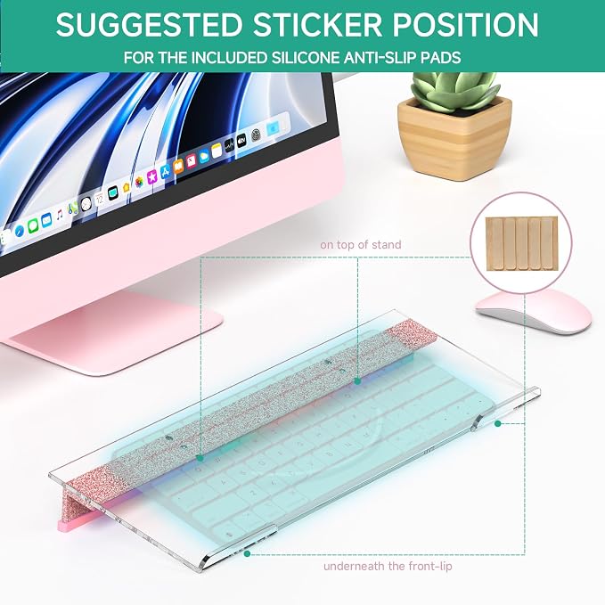 Ergonomic Computer Keyboard Stand - Adjustable Keyboard Riser Tilt Clear and Glitter Rose Gold Acrylic Keyboard Tray Non-Slip Elevated Typing Key Board Holder Lift for Office Desk Accessories