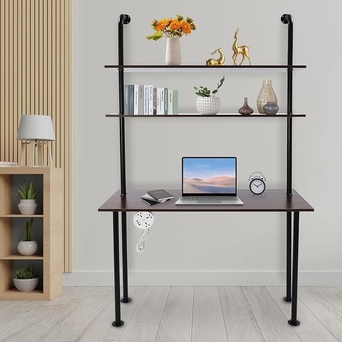 Industrial Wall Mount Desk with Shelves, 3-Shelf Ladder Desk, Computer Writing Table for Small Spaces, Black and Brown Modern Narrow Floating Table with Storage (20" Dx47.2 Wx79 H)