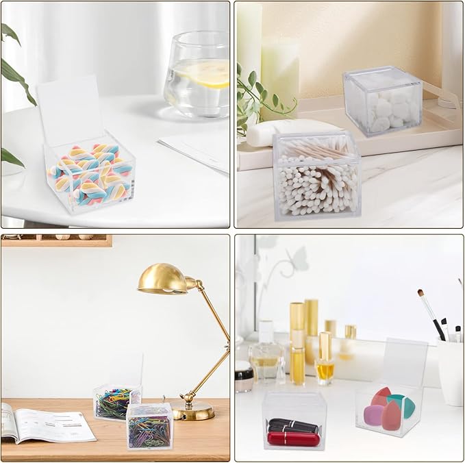 2 Pack Small Clear Acrylic Organizer with Lid for Paper Clips,Sticky Note,Qtip,Cotton Balls,Hair Ties Holder Acrylic Box for Home office Bathroom Desk Organizer