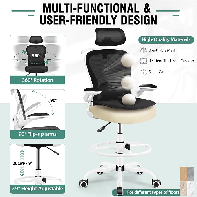 AtHope Drafting Chair, Tall Office Chair with 3D Lumbar & Head Support | Ergonomic Mesh Standing Desk Chair with Footrest Ring, Comfy Extended High Desk Chair with Flip-Up Arms & Hanger, White
