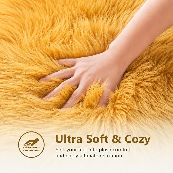 EasyJoy Faux Sheepskin Rug, Fluffy Faux Fur Rug, Ultra Soft Shag Area Rug with Non-Slip Backing for Bedroom, Living Room, Nursery, Kids Room(4 x 4 ft Round, Golden Yellow)