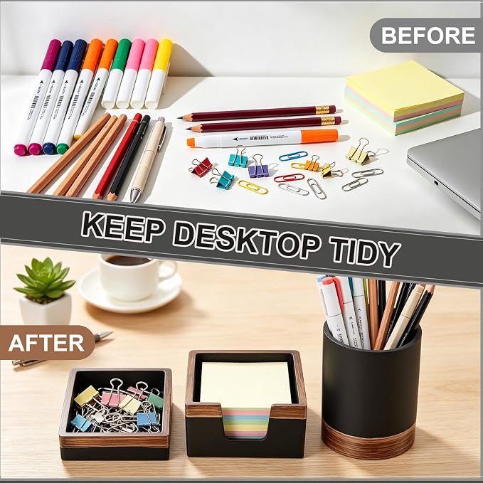 Set of 4 Modern Aesthetic Desk Accessories Organizer Set Minimalist Neutral Home Office Decor Desk Supplies for Men-Pen, Business Card Holder, Sticky Note, Paper Clip Holder (Black)
