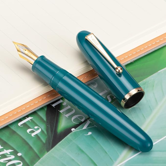 Jinhao 9019 Fountain Pen Dadao Series Lake Blue Acrylic Gold Trim #8 Extra Fine Point with Large Converter for Writing, Signature and Art Drawing