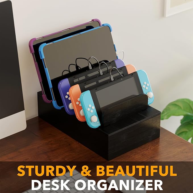 SpaceAid Bamboo Charging Station for Multiple Devices, Cell Phone Docking Stations for Multi Laptop, Tablets and iPads, Nightstand Bedside Desk Device Charger Organizer (Black)