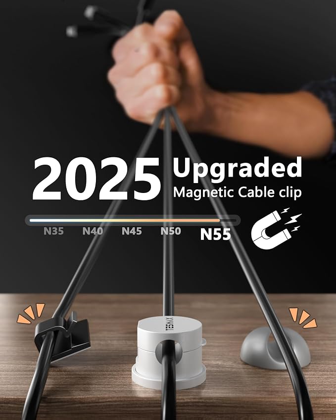 6Pack Magnetic Cord Holder 360° Rotating, 1s Lock Adhesive Desk Organizers | 8mm Cable Pass-Through, One-Hand Easy Installation for Cable Management, Phone Charging Wires Nightstand Car Home Office