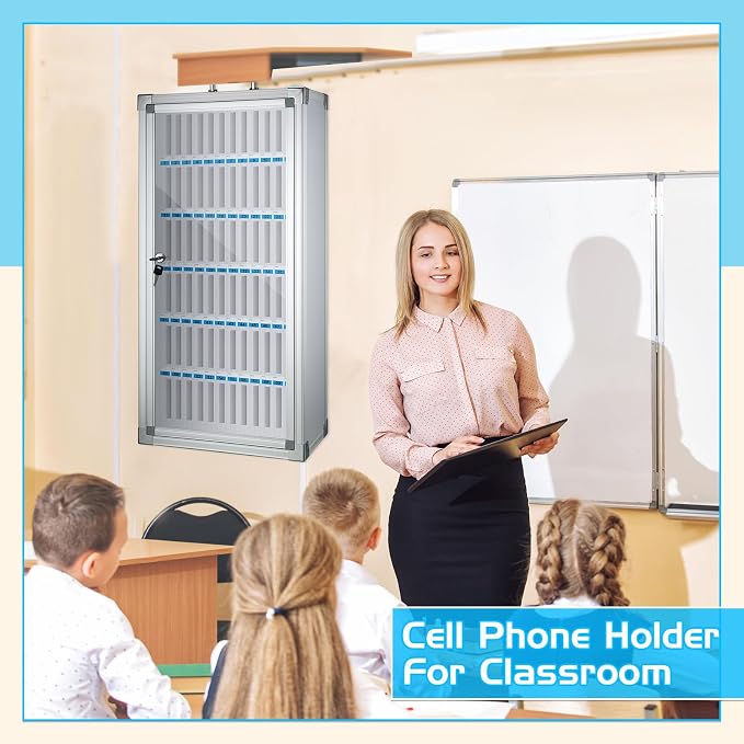 Amylove Cell Phone Locker Cabinet Aluminum Alloy Pocket Chart Storage Locker Box Cabinet Wall-Mounted Cell Phones Storage Box with Handle for Office Classroom Gym(White,72 Slots)