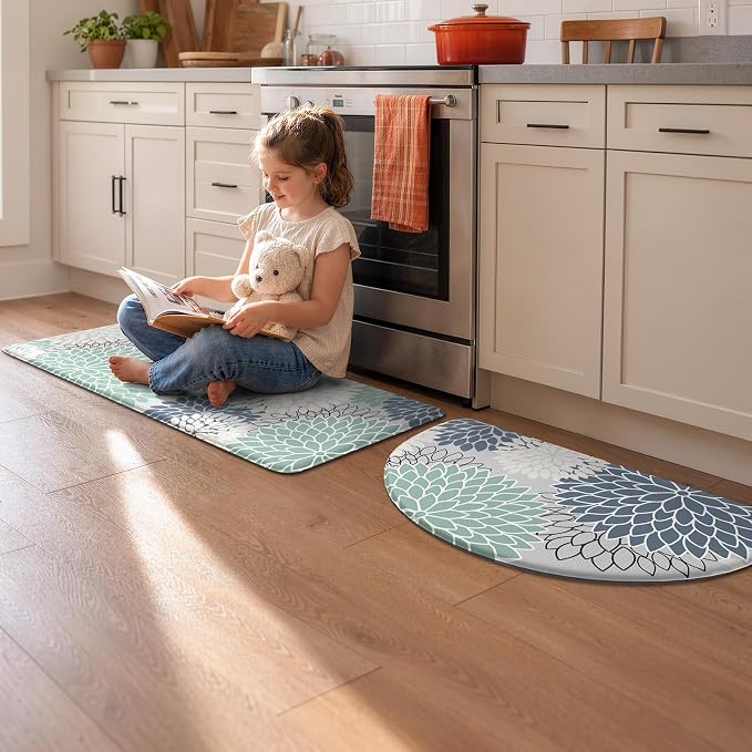 KIMODE Half Circle Anti Fatigue Mats for Kitchen Floor Rug Sets of 2 | 18"x28+18"x47",Cyan,Dahlia Floral Boho,Kitchen Rug Sets of 2,Non Slip,Waterproof,for Sink Office Laundry Bathroom Decor