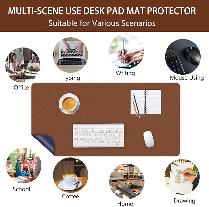 Writing Desk Pad Laptop Mat PU Leather Desk Blotter Pad Waterproof Durable Desk Mat Dual-Sided Writing Mat 16 X 24 Inch Anti-Slip Table Pad Protector for Office & Home (Espresso Brown/Midnight Blue)