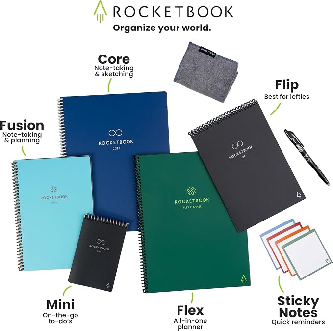 Rocketbook Fusion Reusable Undated Productivity Planner, Executive Size 6x8.8, Red - Goals, Monthly and Weekly Calendar, Daily To-do List, Lined and Dotted Notes Pages