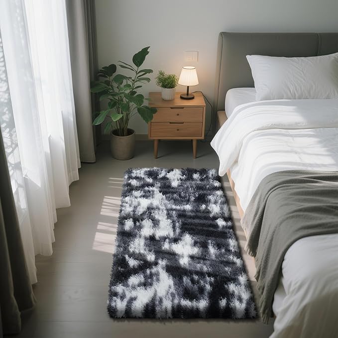 Soft Runner Rugs for Bedroom, Mottling Black 3x7 Area Rugs Fluffy Rug Shag Area Rug Carpet, Bedside Rug for Living Room Bedroom Room Home Decor