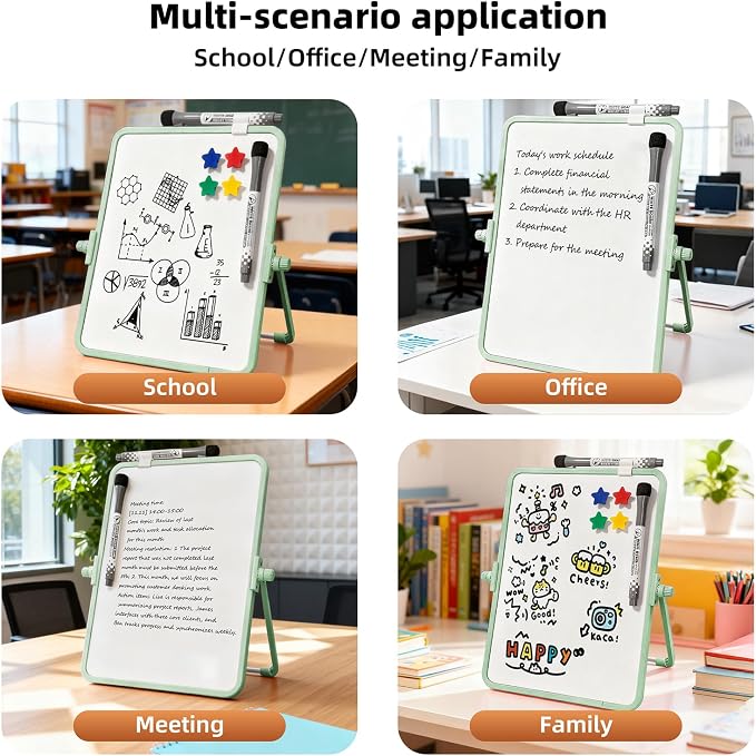 Colorful Dry Erase White Board 8.3x11in, Magnetic Desktop Board with Stand, 2 Markers (Eraser Head), 4 Magnets - Double-Sided Easel for Daily Planning, Memo, Office/Home/School (Green)