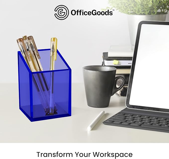OfficeGoods Acrylic Pen & Pencil Holder - Modern Trapezoid Design - Beautiful Desk Organizer for Home or Office - Contrasting Metal Base - 3" Square w/ 3.5" Front & 4.5" Back - Blue