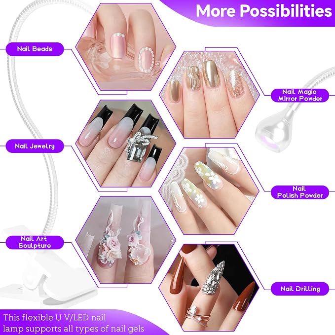 U V Light for Nails Gooseneck U V Lamp for Nails Mini Curing with Securing Clip Rotatable Flash Cure Light for Salon Nail DIY Home (Silver)