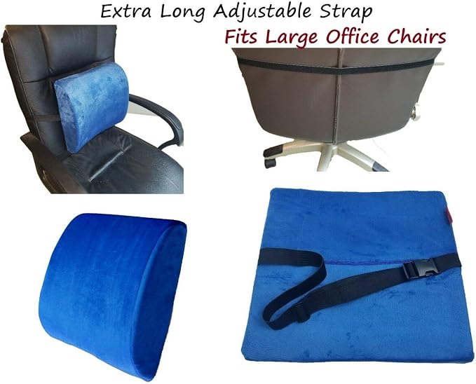 Bookishbunny 2pc High Resilience Memory Foam Seat Chair Waist Lumbar Back Support Cushion Pillow Car Office Home (Blue)