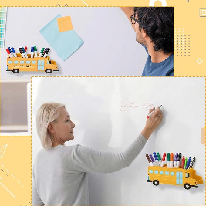 Magnetic Teacher Pencil Holder Gift Personalized Name Pen Holder for Whiteboard Magnetic DIY Teacher Desk Organizer Container Decor for Classroom School Office Supplies(Bus)