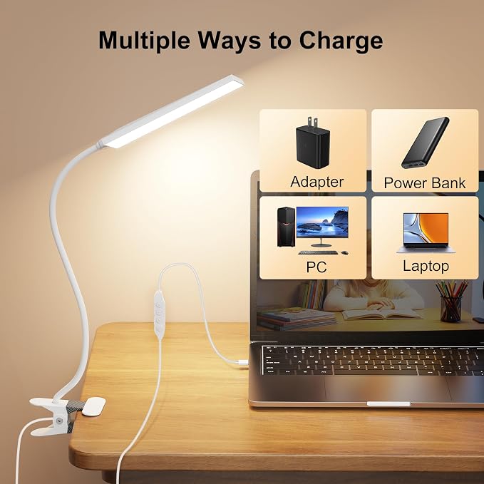 Vansuny Clip on Light LED Desk Lamp with Metal Clip, 6 Level Brightness 3 Color Modes, Power by USB Port 5W Adjustable Neck Eye-Caring Reading Light for Home and Office, White