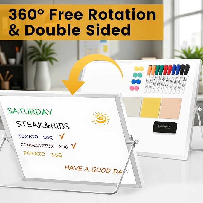 White Board with Stand, 24" x 18" Double-Sided Desktop Dry Erase Board, Portable Magnetic Whiteboard Easel for Kids Office Home School