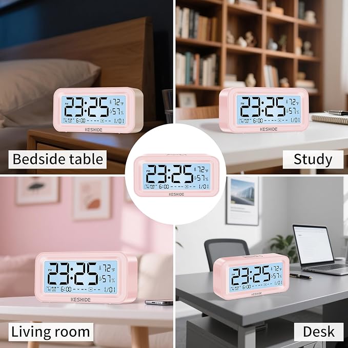 Night Light Digital Alarm Clock Battery Operated with Indoor Temperature Humidity, Desk Small Clock,Snooze Model,12/24H Display for Bedrooms Heavy Sleepers Kids Travel Bathroom (Pink)