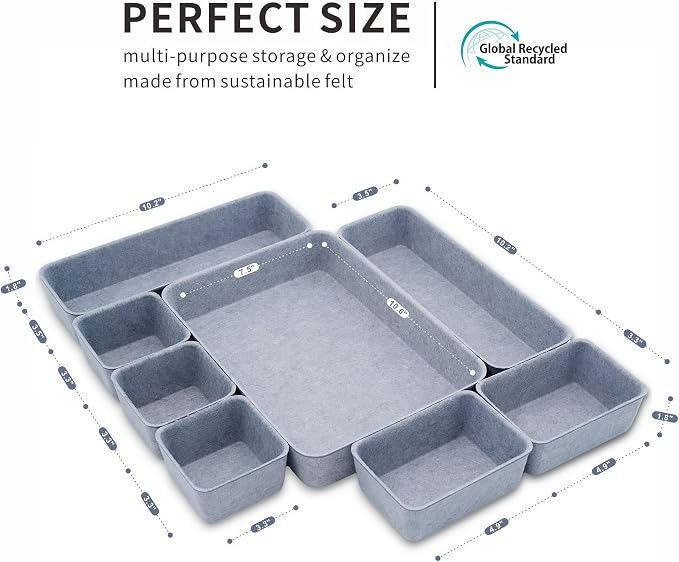 Minimalist 8pc Felt Desk Drawer Organizer Glacier Gray Bins