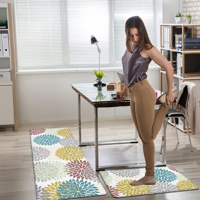 HEBE Anti Fatigue Kitchen Rugs Set of 2, Cushioned Kitchen Mats for Floor | Non Slip Washable Kitchen Runner Rug Set, Floral Stain Resistant Waterproof Comfort Mat Carpet for Sink, Standing Desk