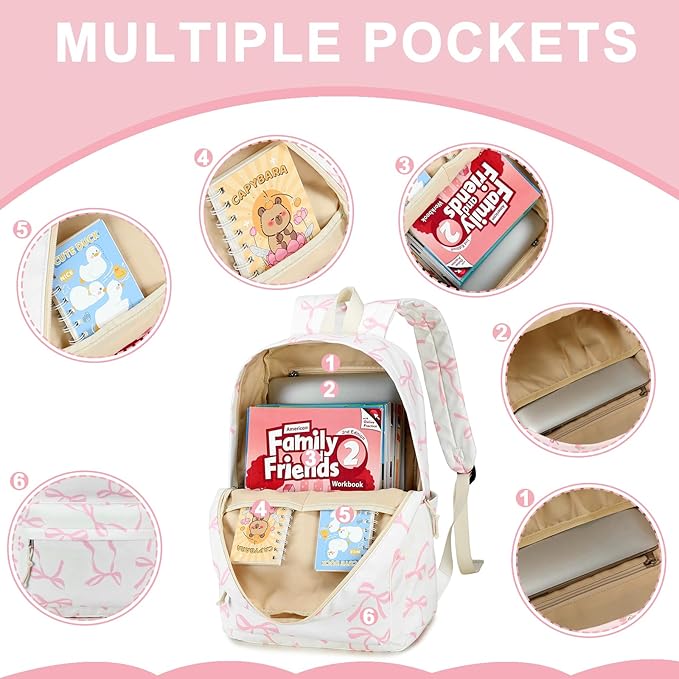 Bluboon Teen Girls School Backpack Kids Bookbag Set with Lunch Box Pencil Case Travel Laptop Backpack Casual Daypacks (Pink bow beige background)