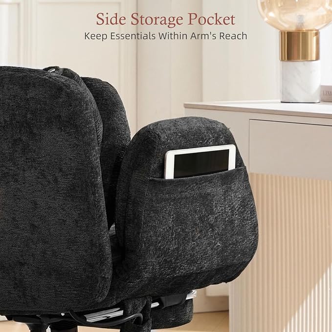 Criss Cross Office Chair with Footrest and 5-Gear Adjustable Arms, Black | Wide seat cross-legged desk chair, flip lumbar pillow, airbag support, linen fabric, for home office, vanity and meditation