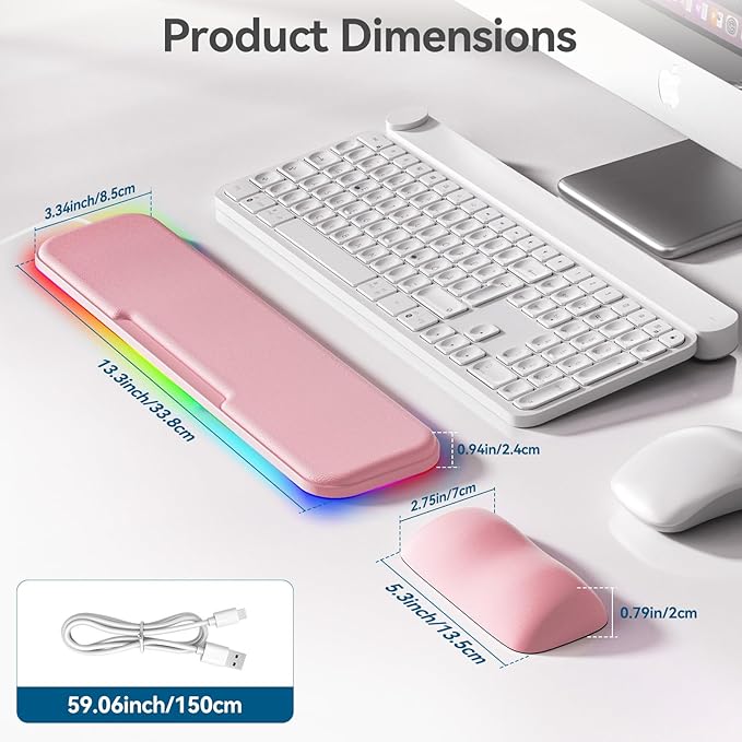 2-in-1 Heated Wrist Rest Set, Ergonomic Memory Wrist Pad with RGB Lights and Non-Slip Base, Keyboard Mouse Wrist Rest for Computer Laptop Office Work and PC Gaming