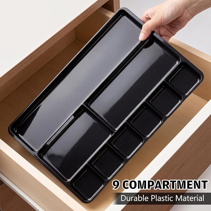 4 Pcs Shallow Drawer Organizers 14" x 9" x 1" Desk Drawer Organizer Tray with 9 Storage Compartments for Home Office Classroom School Organizing Pens Paper Clips Sticky Notes (Black)