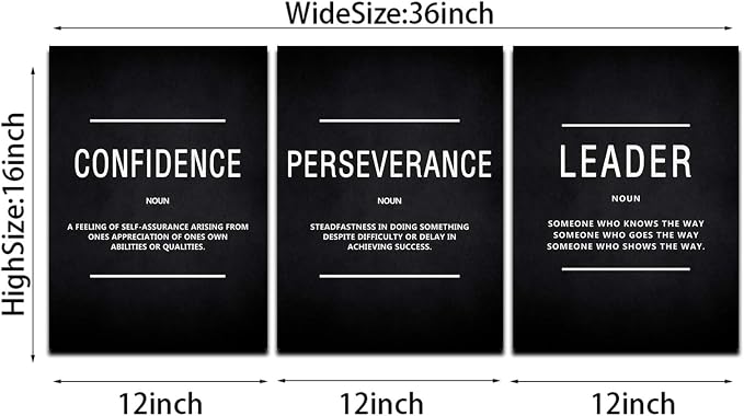 KAWAHONE Motivation Wall Poster Framed, Inspirational Leader Confidence Perseverance Quotes Canvas Wall Art Positive Picture Background Success Wall Hanging for Home Office Workplace 12" Wx16 Hx3Pcs