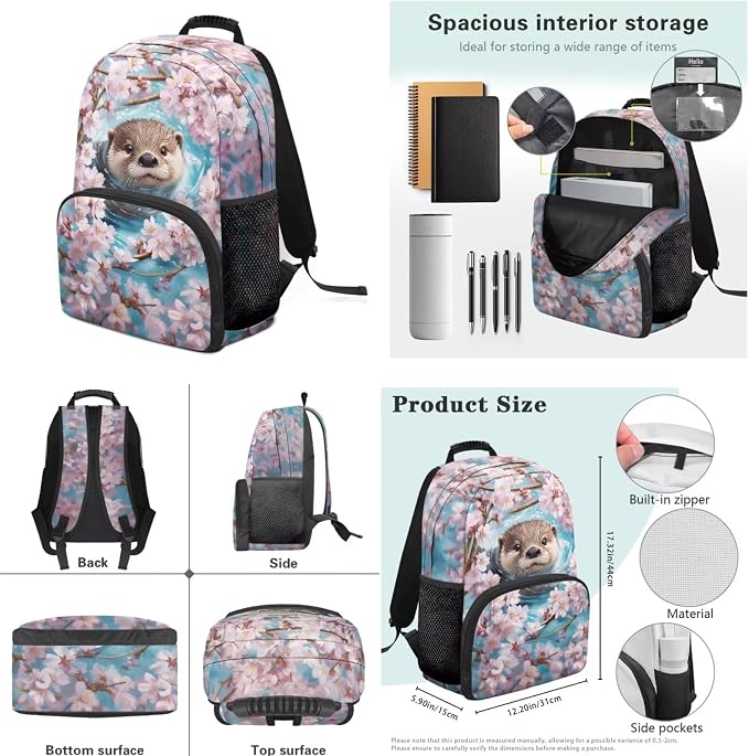 Ystardream Cherry Blossom Otter Elementary Backpack for Girls with Lunch Box Pencil Case Water Bottle Sleeve Waterproof School Bookbag with Big Front Pocket for Teens Kids Back to School Gift Bookbag