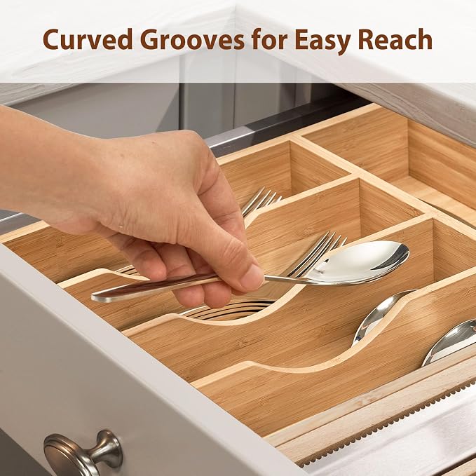Kitchen Drawer Organizer, 10 Inch Silverware Utensil Tray Holder, Extra Deep, with Non-Slip Feet & Grooved Drawer Divider, 5 Slots Total Bamboo Wood Caddy for Flatware Cutlery Knives