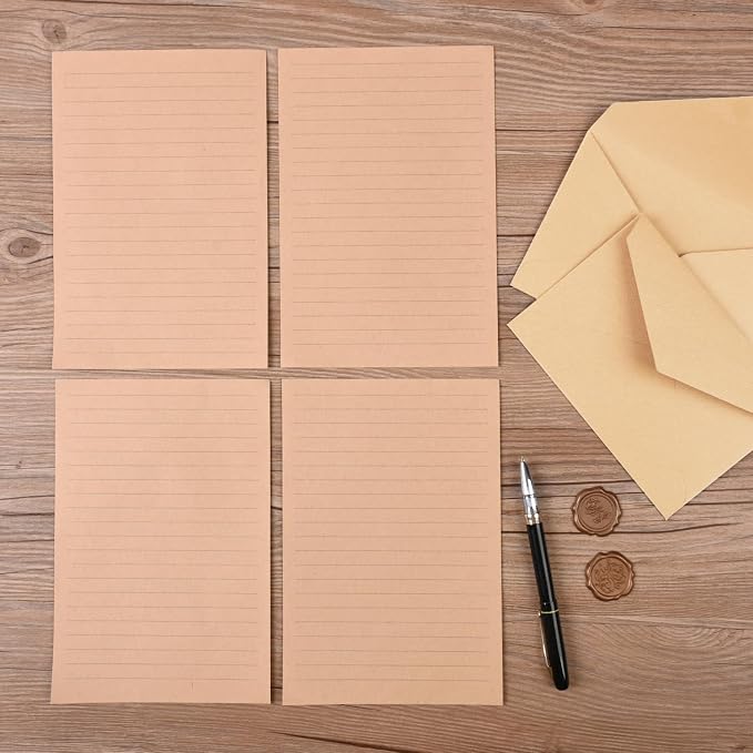 48 Pieces Stationery Set with Envelopes (24 Kraft Paper Sheets + 12 Linen Texture Envelopes+12 Wax Seal Stickers), Stationery Letter Writing Paper Set for Love Letters and Party Invitations (Yellow)