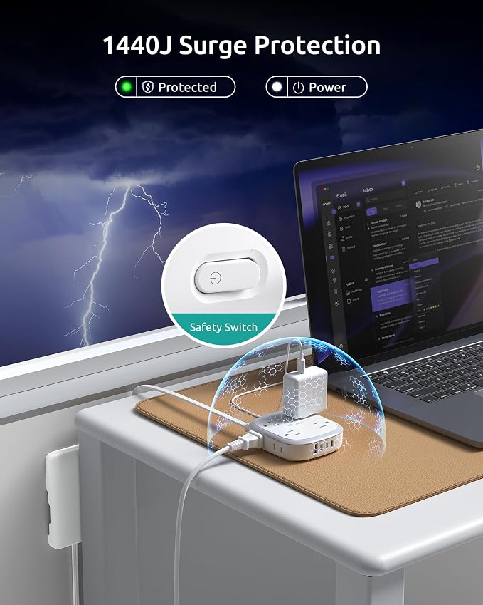 NUTICT Outlet Cover Extension Cord, Flat Plug Power Strip 10ft, 8 Outlets (4-2Pin)& 4 USB Ports (3 USB C), 13A/1625W, 1440J Surge Protector, Wall Mountable, Ideal for Home Improvement, Tight Spaces