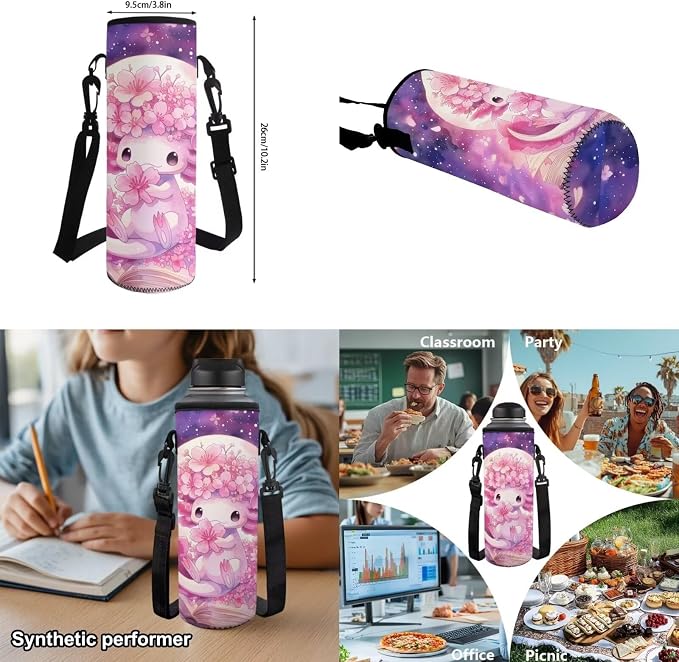 Girls Backpack Set 4PCS: Cute Cherry Blossoms Axolotl Bookbag with Lunch Bag, Pencil Case & Water Bottle Sleeve - 17 Inch for Elementary School Kids Ages 6-8 Back to School