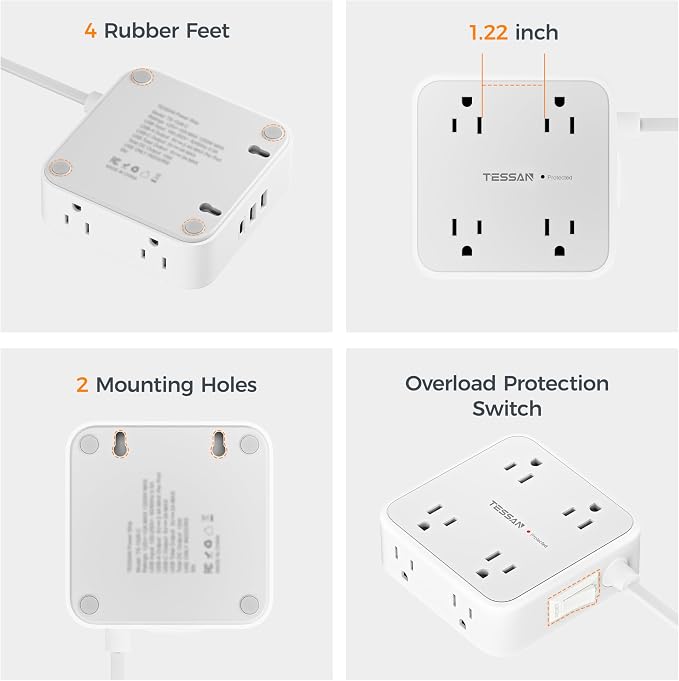 TESSAN 10 Ft Surge Protector Power Strip, 3 USB(1 USB C) 8 Outlets, Flat Plug Extension Cord with Multiple Outlets, 900J Protection, Desk Charging Station for Home, Dorm Room Essentials, Grey