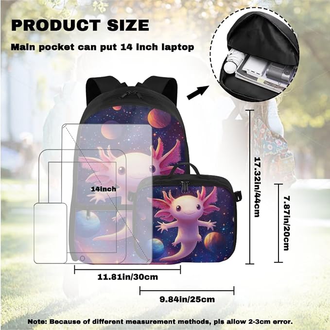 Doojoayie Cute Axolotl Backpack for Girls 6-8 8-10 School Bag Kids Backpack and Lunch Box Set of 4 with Water Bottle Holder, Pencil Case Heavy Duty Bookbag for Teen Girls
