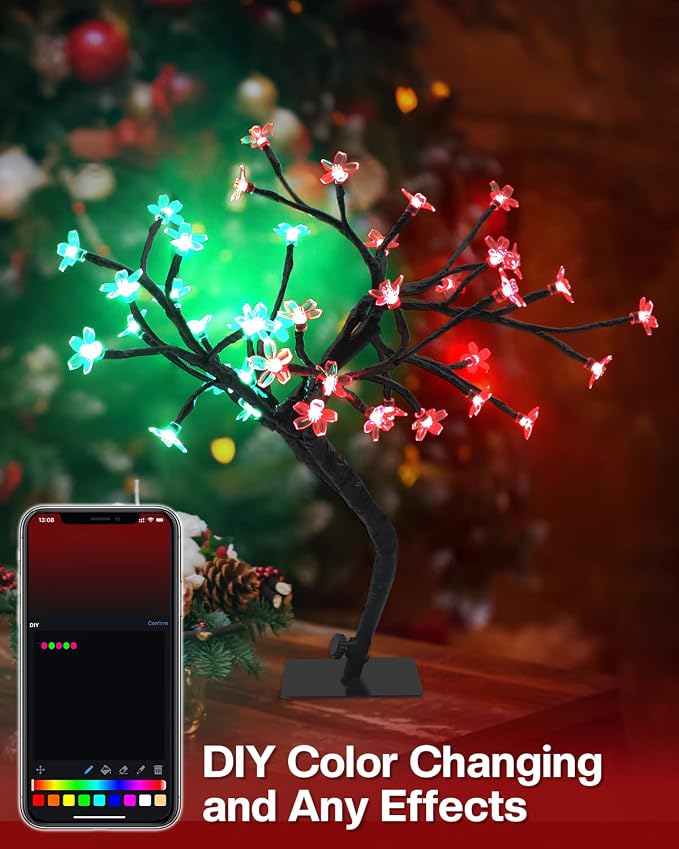 Smart RGB LED Cherry Blossom Tree Lamp, 16 Inch USB Lighted Bonsai for Desk, App Control Music Sync Timer, Color Changing Small Night Light for Bedroom Home Office Indoor Decor
