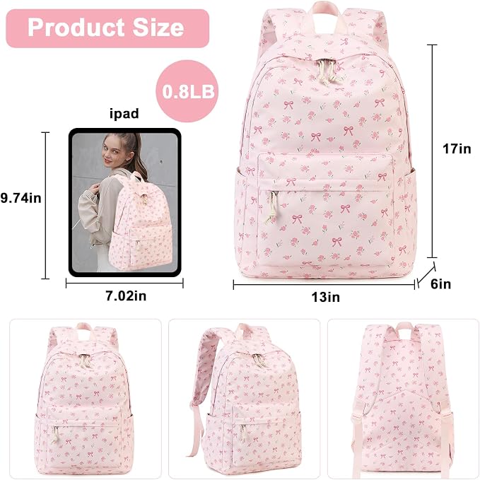 Bluboon Teen Girls School Backpack Kids Bookbag Set with Lunch Box Pencil Case Travel Laptop Backpack Casual Daypacks (Pink bow tie)