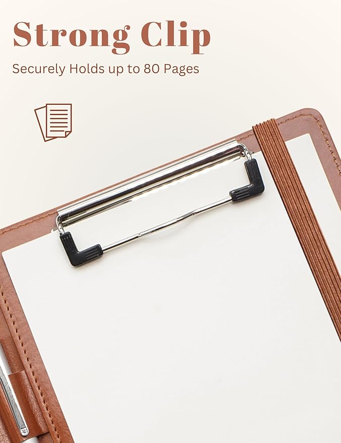Junior Padfolio Clipboard Small for 7"x 9" Writing Pad Refillable, Mymazn Faux Leather Folder A5 for Folio Notepad 5 x 8 Junior Size Folio Portfolio (Brown)