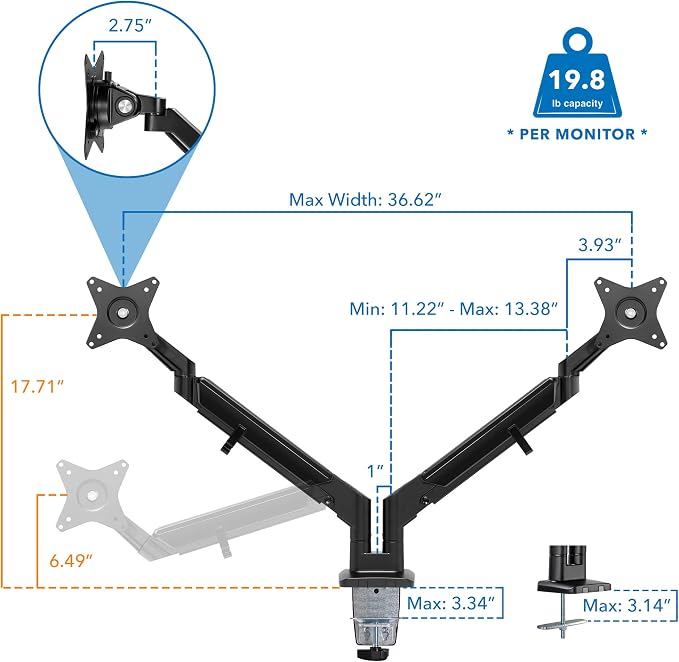 Mount-It Dual Monitor Arm Desk Mount, Low Profile Gas Spring, 17-32 in. | Fits Walls, Space Saving Steel, 19.8 lbs Each, Full Motion Height Adjustable, VESA 75x75/100x100, C-Clamp/Grommet, Black